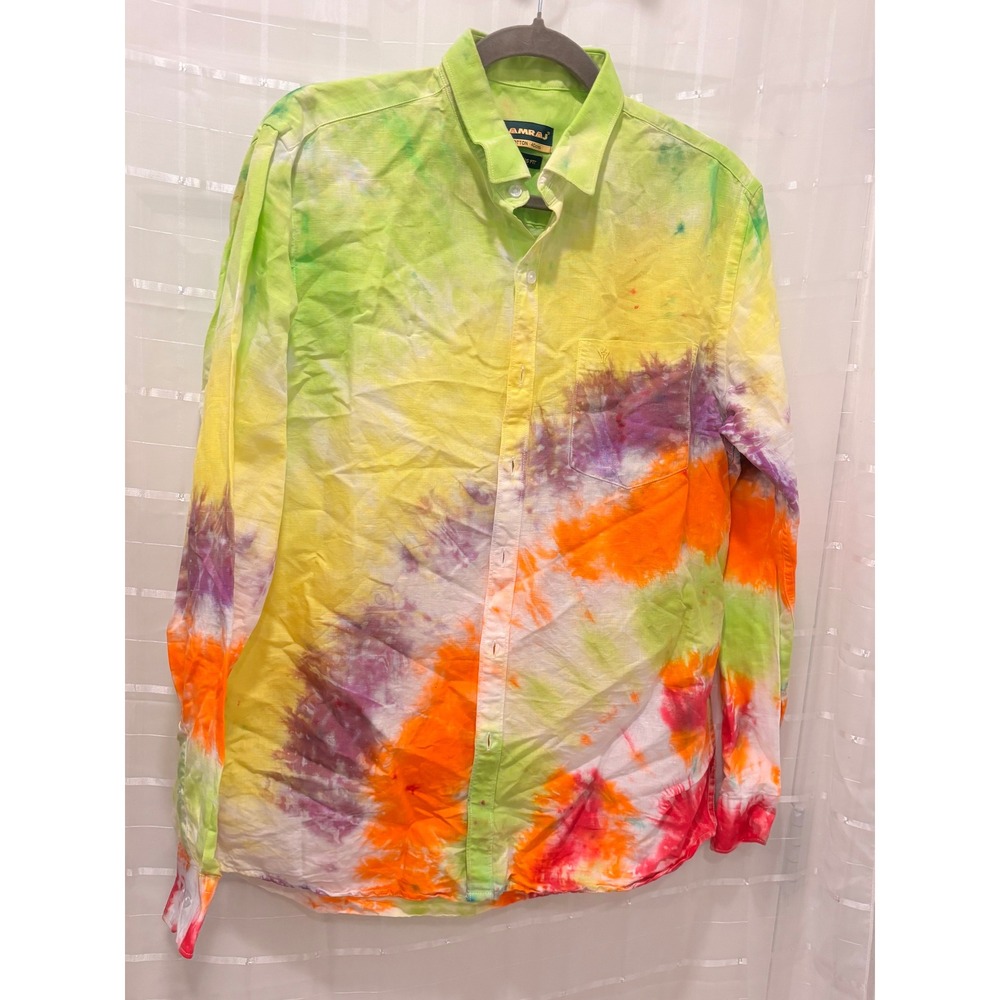 Ramraj Linen Cotton Tie Dye Button Down Shirt Prestigious Fit Mens 40cm Multi